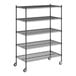 A black wire shelving unit with five shelves and wheels.