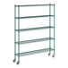 A green metal Regency wire shelving unit with wheels.