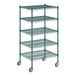 A green metal wire shelving unit with five shelves.