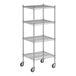 A Regency chrome wire shelving unit with wheels.