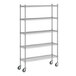 A wireframe of a Regency chrome mobile wire shelving unit with wheels.