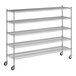 A Regency chrome wire shelving unit with wheels.