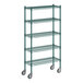 A Regency green wire shelving unit with wheels.
