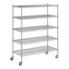 A Regency chrome wire shelving unit with wheels and four shelves.