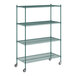 A green metal Regency wire shelving unit with wheels.