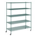 A Regency green wire shelving unit with wheels.