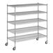 A Regency chrome wire shelving unit with wheels.