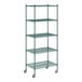 A Regency green wire shelving unit on wheels with 5 shelves.