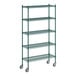 A Regency green metal wire shelving starter kit with wheels.