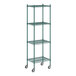 A green Regency wire shelving unit with wheels.