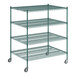 A Regency green wire shelving unit with four shelves.