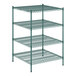 A green wire shelving unit with four shelves.