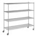 A Regency stainless steel wire shelving unit with wheels.