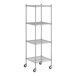 A Regency chrome wire shelving unit with wheels.