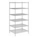 A white wireframe of a Regency metal shelving unit with four shelves.