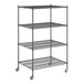 A Regency black wire shelving unit with wheels and four shelves.