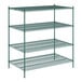 A green metal Regency wire shelving unit with four shelves.