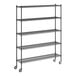 A Regency black wire shelving unit with wheels.