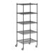 A Regency black wire shelving unit with five shelves and wheels.