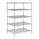 A wireframe of a Regency chrome stationary wire shelving unit with four shelves.