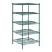 A green wire shelving unit with five shelves by Regency.