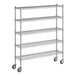 A Regency chrome wire shelving unit with wheels.