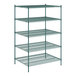 A green Regency wire shelving unit with five shelves.