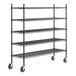 A Regency black metal wire shelving unit with wheels.