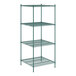 A green wire shelving unit with four shelves.