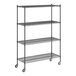 A Regency black wire shelving starter kit on wheels with 4 shelves.