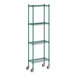 A green Regency wire shelving unit with wheels.