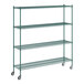 A Regency green metal wire shelving unit with wheels.