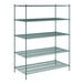 A Regency green metal wire shelving unit with five shelves.