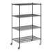 A Regency black wire shelving unit with wheels.
