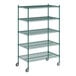 A green wire shelving unit with five shelves.