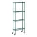 A Regency green wire shelving unit with wheels.