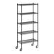 A Regency black wire shelving unit with wheels.