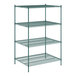 A green metal wire shelving unit with four shelves.