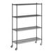 A Regency black wire shelving unit on wheels.