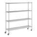 A Regency stainless steel wire shelving unit with wheels.