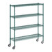 A Regency green metal wire shelving unit on wheels with four shelves.