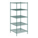 A green Regency wire shelving unit with five shelves.