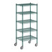 A Regency green wire shelving unit with wheels.