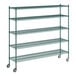 A green metal wire shelving unit with 5 shelves.