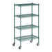 A Regency green wire shelving unit with wheels.