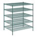 A green wire Regency shelving unit with four shelves.