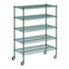 A green metal wire shelving unit with five shelves.