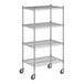 A Regency chrome wire shelving rack with wheels.