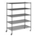 A Regency black wire shelving unit with wheels and five shelves.