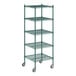 A Regency green wire shelving unit with wheels.